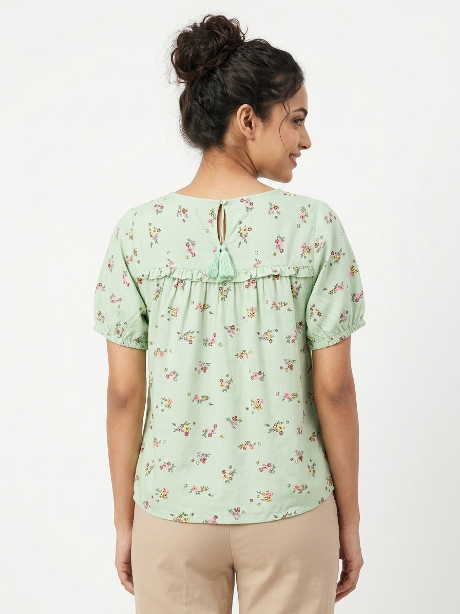 Light Green Floral Print Casual Top with Tassels