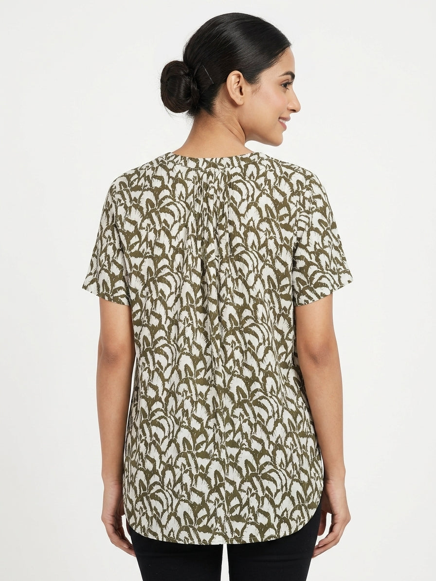 Women's Dark Olive and White Printed Relaxed Fit Top