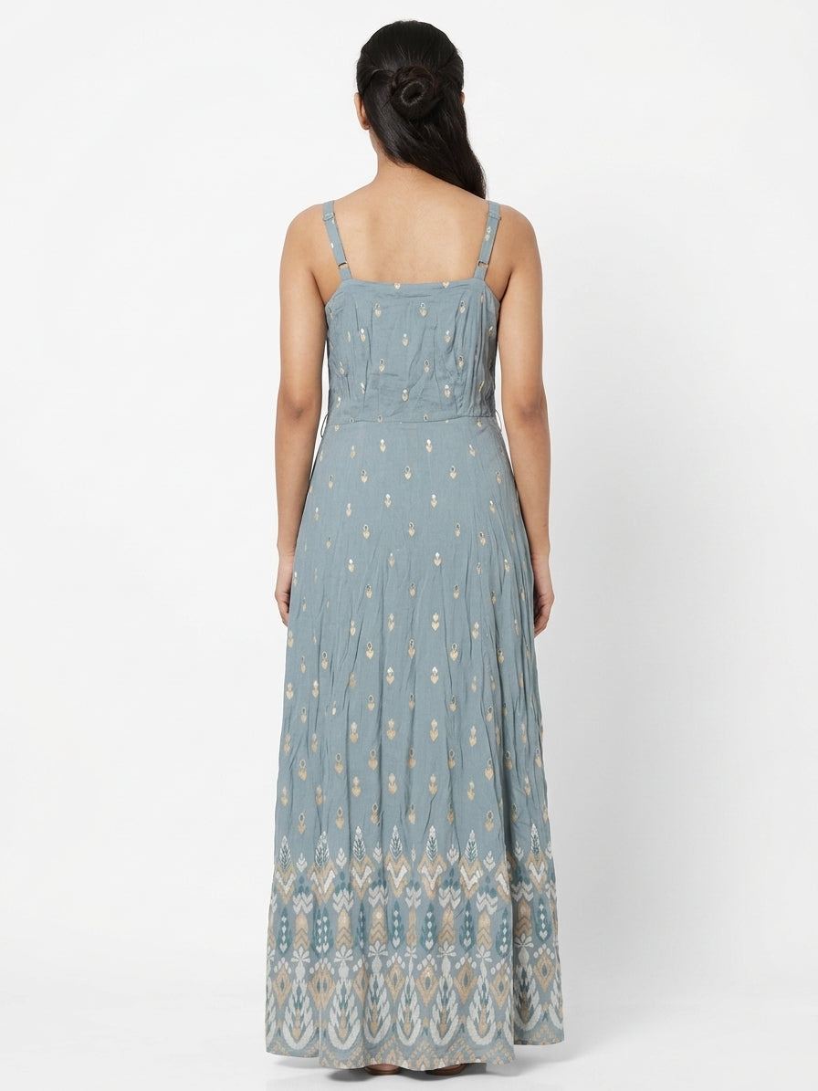 Light Grey Ethnic Print Flared Maxi Dress
