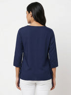 Women's Navy Blue Embroidered Top with Tassels