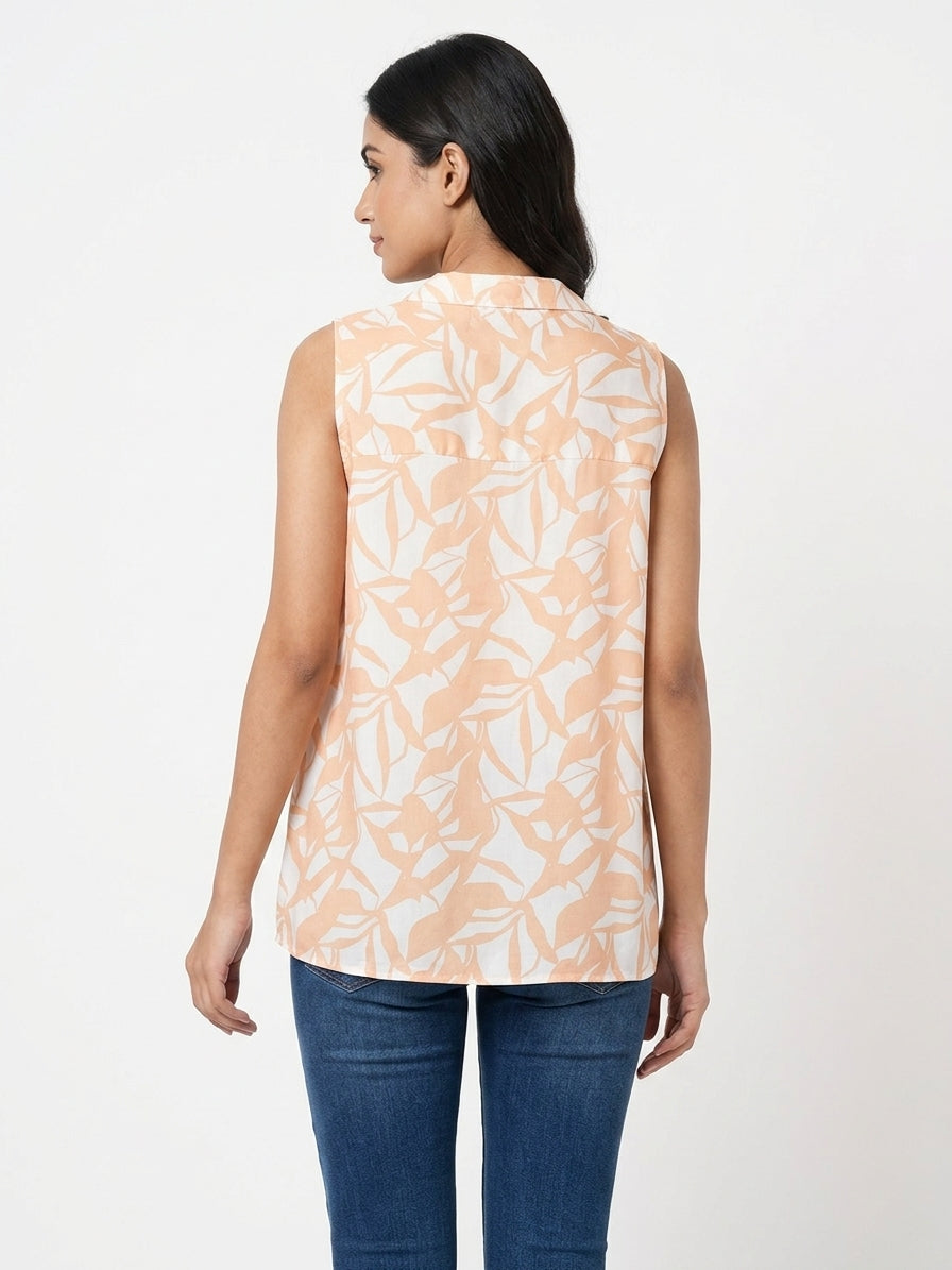 Peach and White Printed Sleeveless Relaxed Fit Top