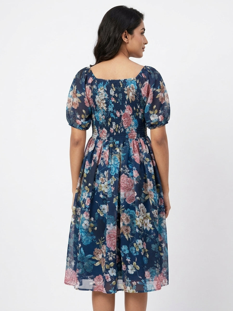 Navy Blue Floral Printed Flared Dress