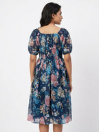Navy Blue Floral Printed Flared Dress