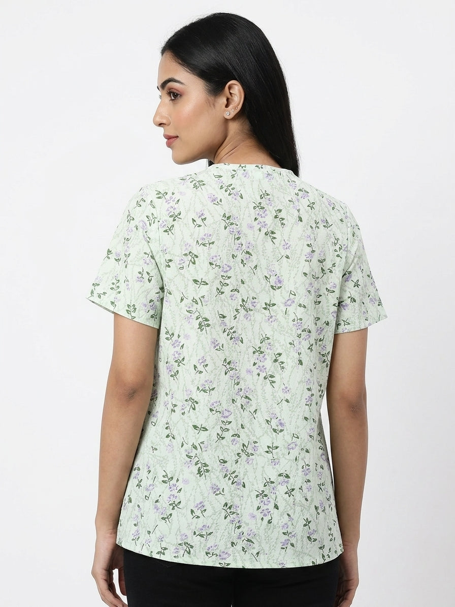 Light Green Floral Print V-Neck Regular Fit Top