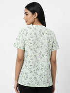 Light Green Floral Print V-Neck Regular Fit Top
