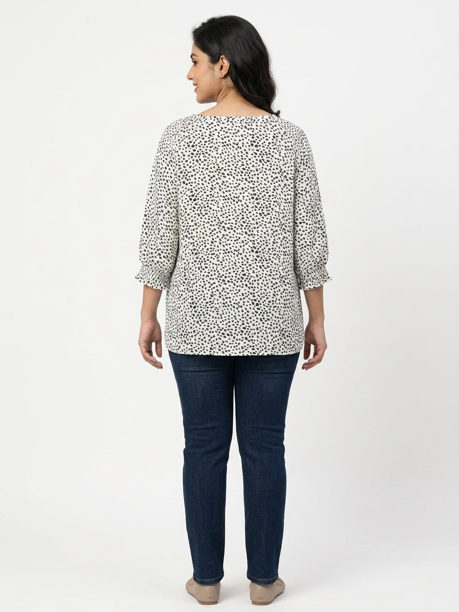 Women's White & Black Printed V-Neck Top