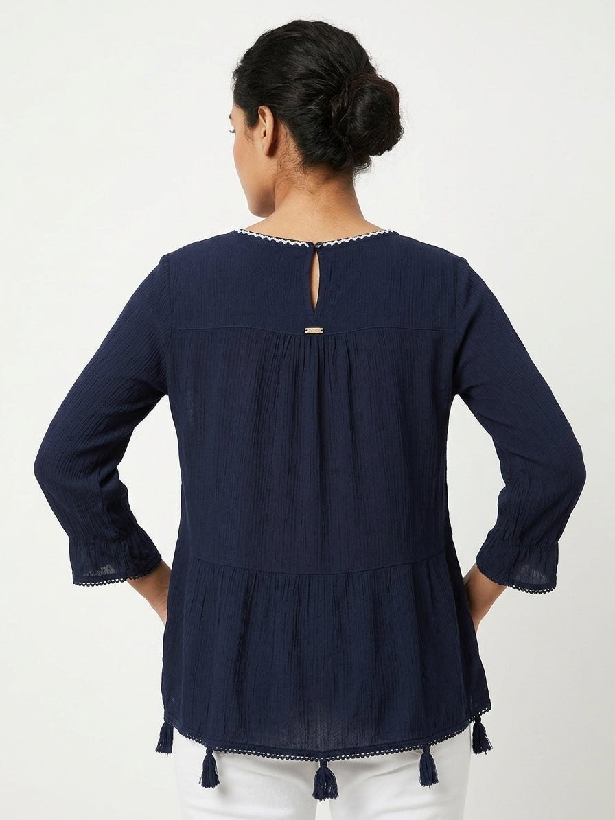 Women's Navy Embroidered V-Neck Top