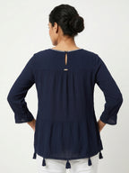 Women's Navy Embroidered V-Neck Top