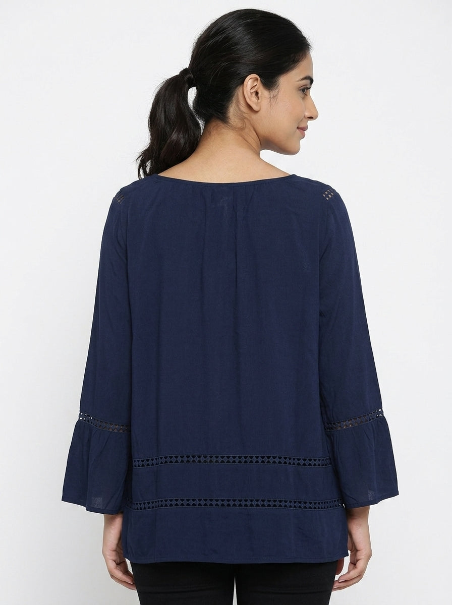 Women's Navy Self Design Relaxed Fit Top
