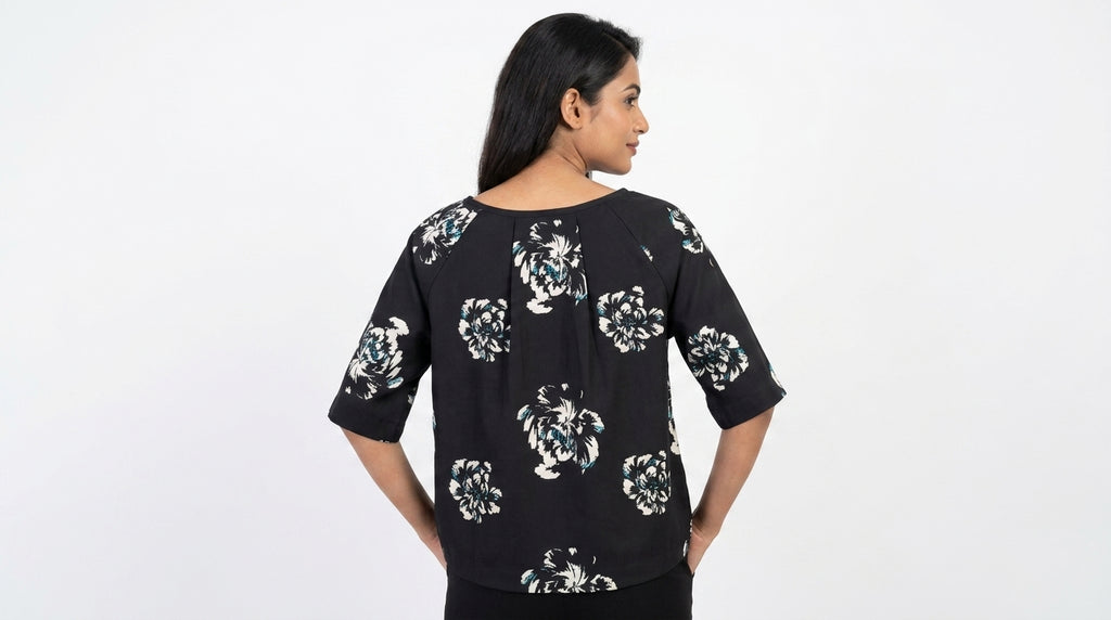 Women's Black Floral Print Boat Neck Top