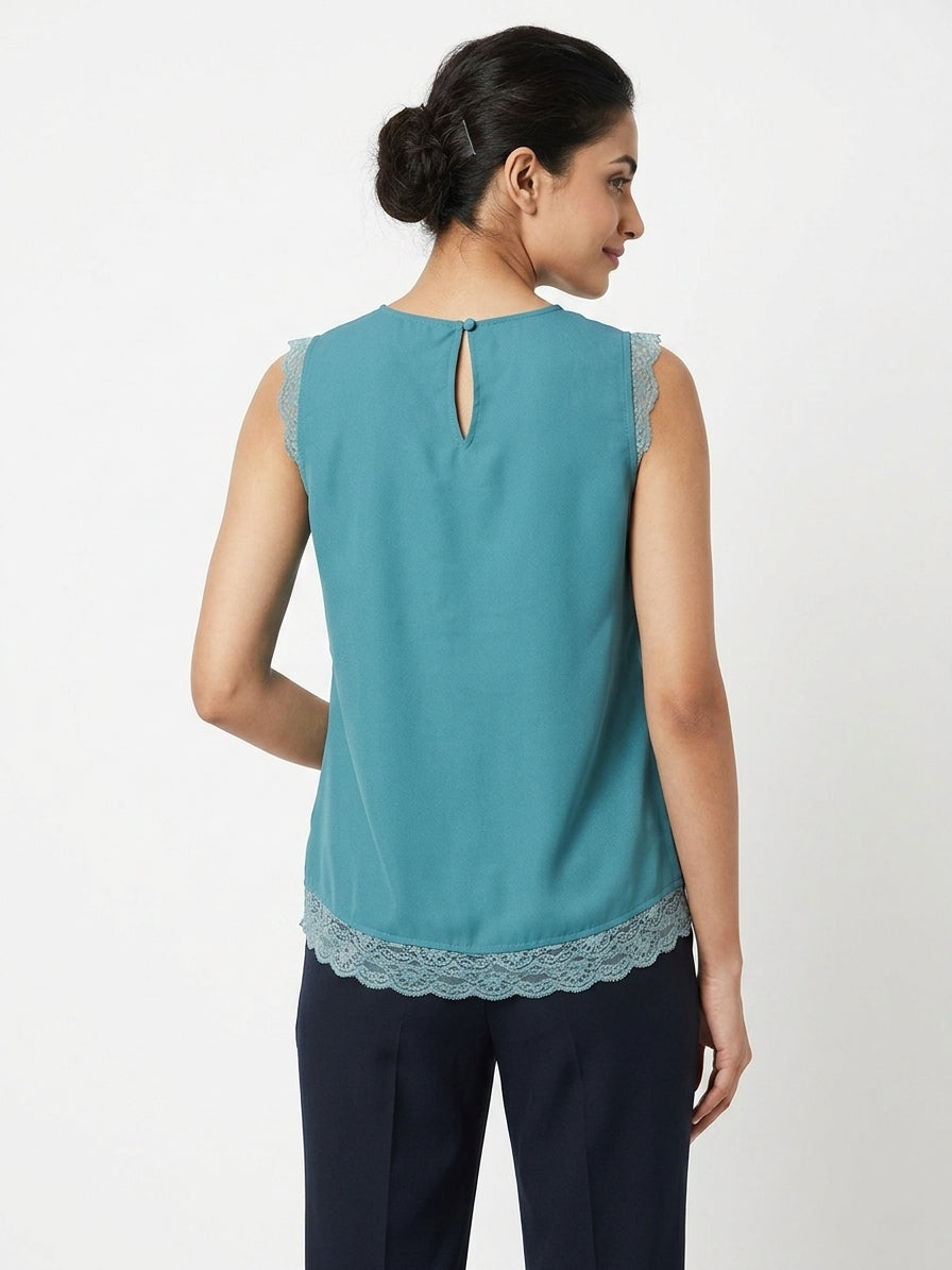 Women's Teal Sleeveless Top with Lace Trim