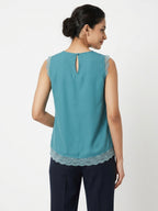 Women's Teal Sleeveless Top with Lace Trim
