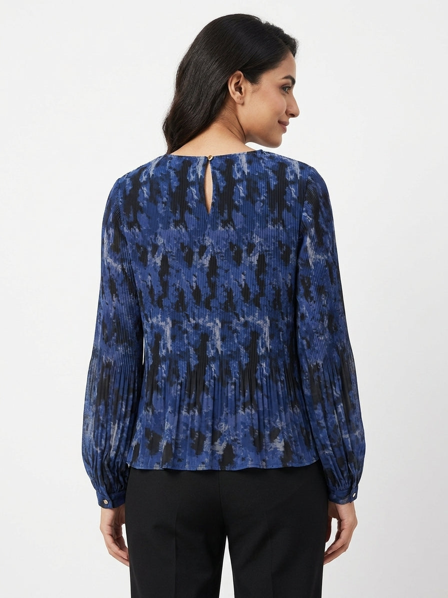 Women's Blue Abstract Print Pleated Top