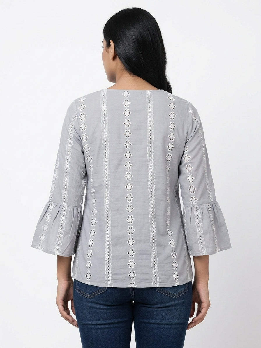 Women's Grey Embroidered Round Neck Top