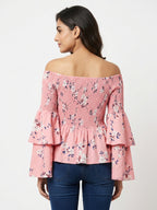 Pink Floral Printed Smocked Off-Shoulder Top