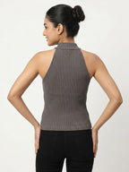 Charcoal Textured Halter Neck Knit Top