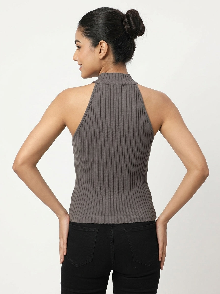 Charcoal Textured Halter Neck Knit Top