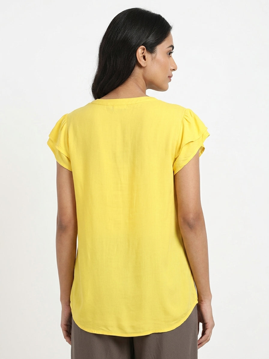 Solid Yellow V-Neck Casual Top