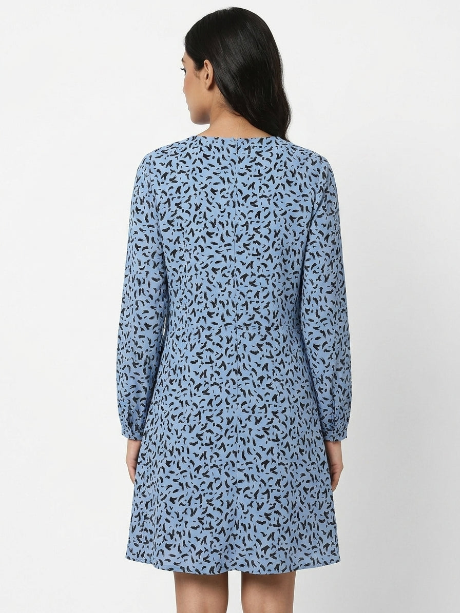 Sky Blue Abstract Print A-line Dress