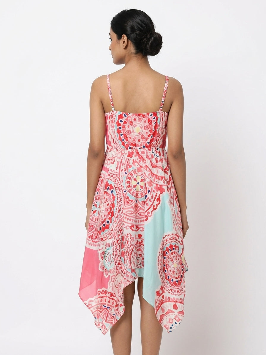 Women's Multi-Color Ethnic Print Flared Asymmetrical Dress