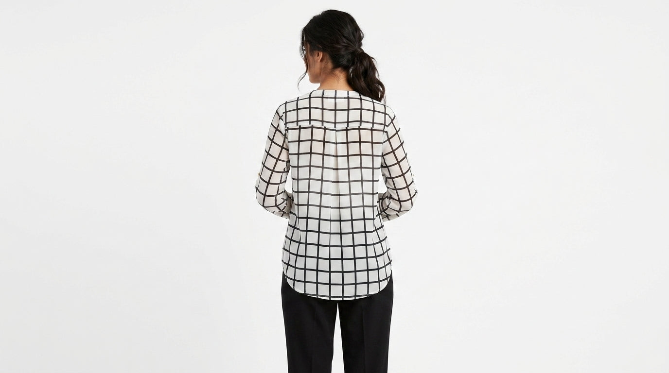 White & Black Checkered Long Sleeve Top