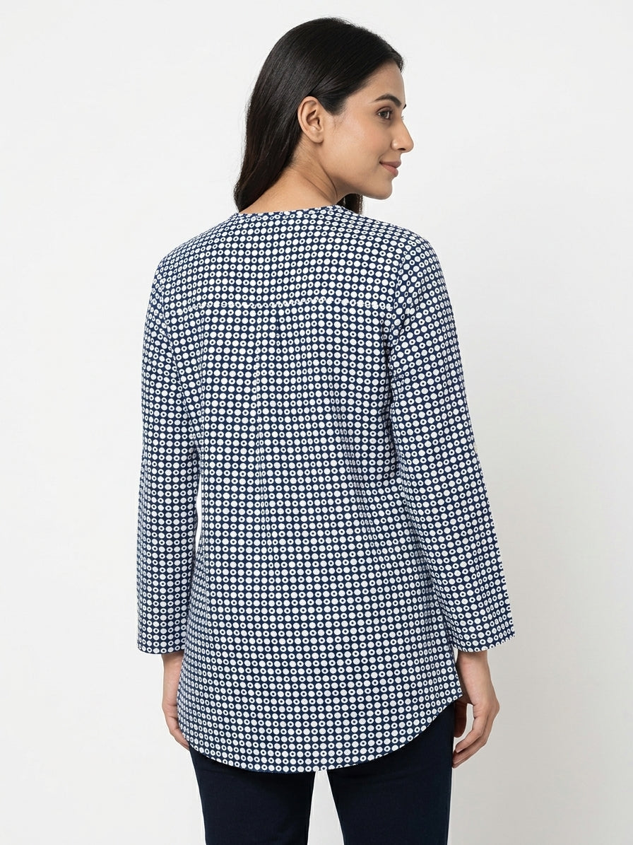 Women's Dark Blue Geometric Printed Long Sleeve Tunic Top