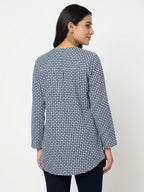 Women's Dark Blue Geometric Printed Long Sleeve Tunic Top