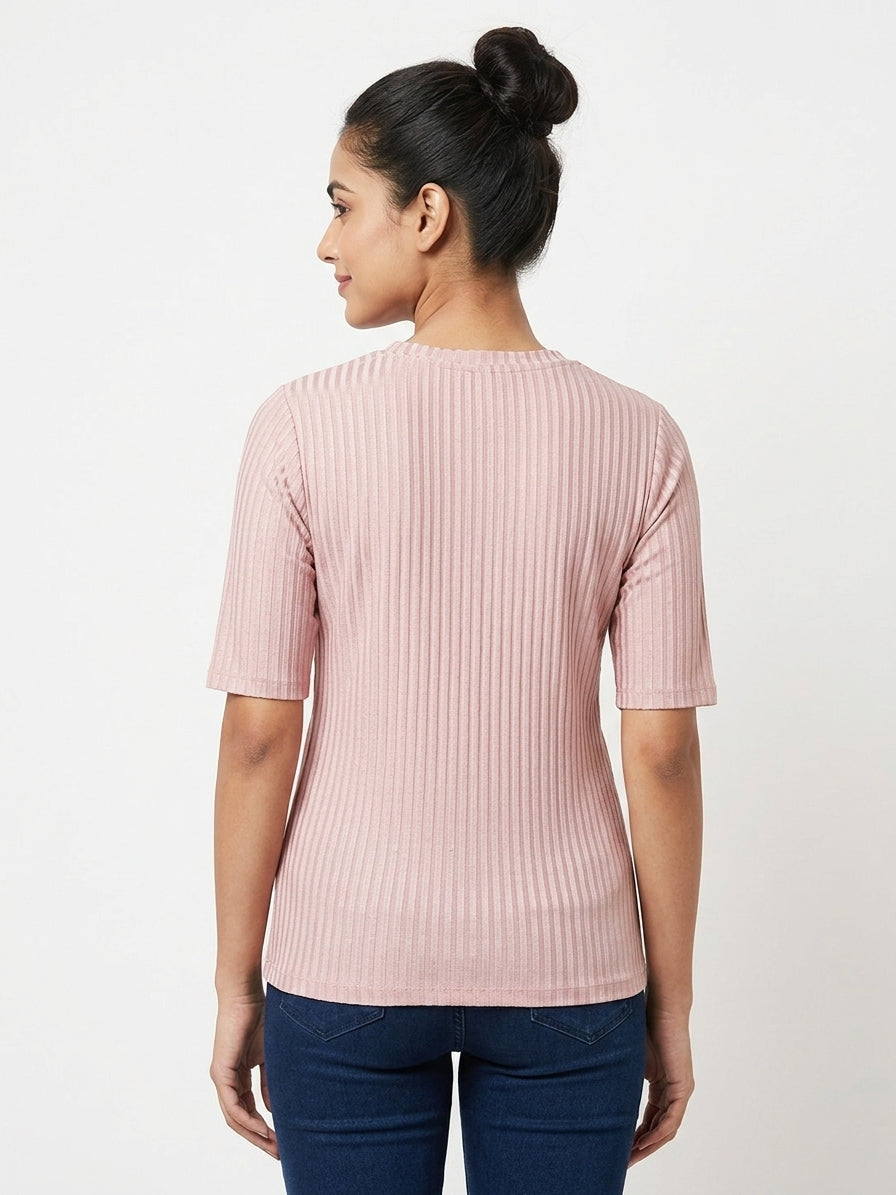 Pink Ribbed Half-Sleeve Casual Top