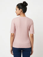 Pink Ribbed Half-Sleeve Casual Top