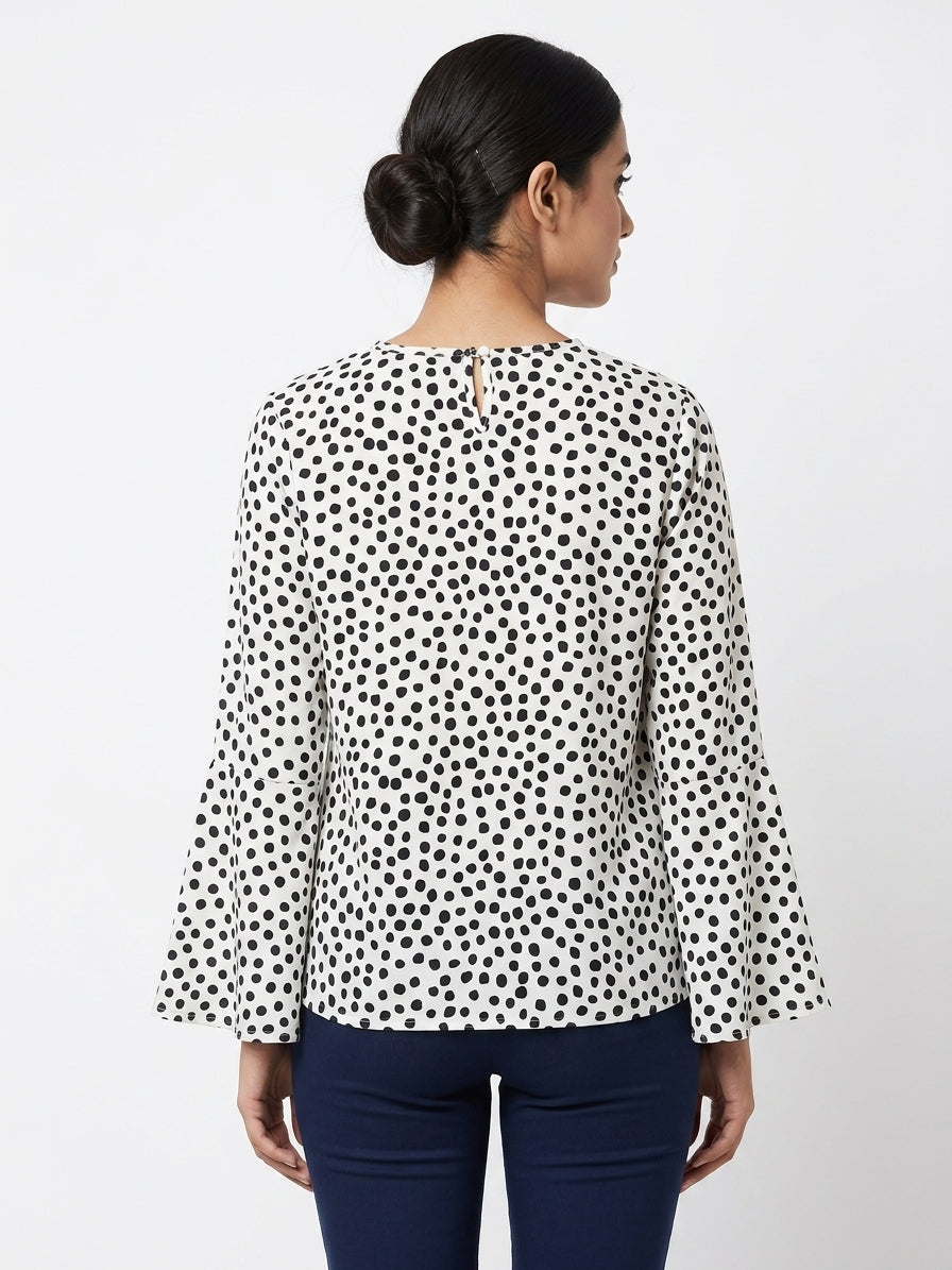 Women's White Polka Dot Full Sleeve Top