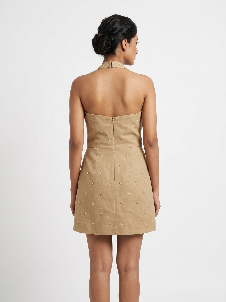 Tan Embellished Halter Neck Dress