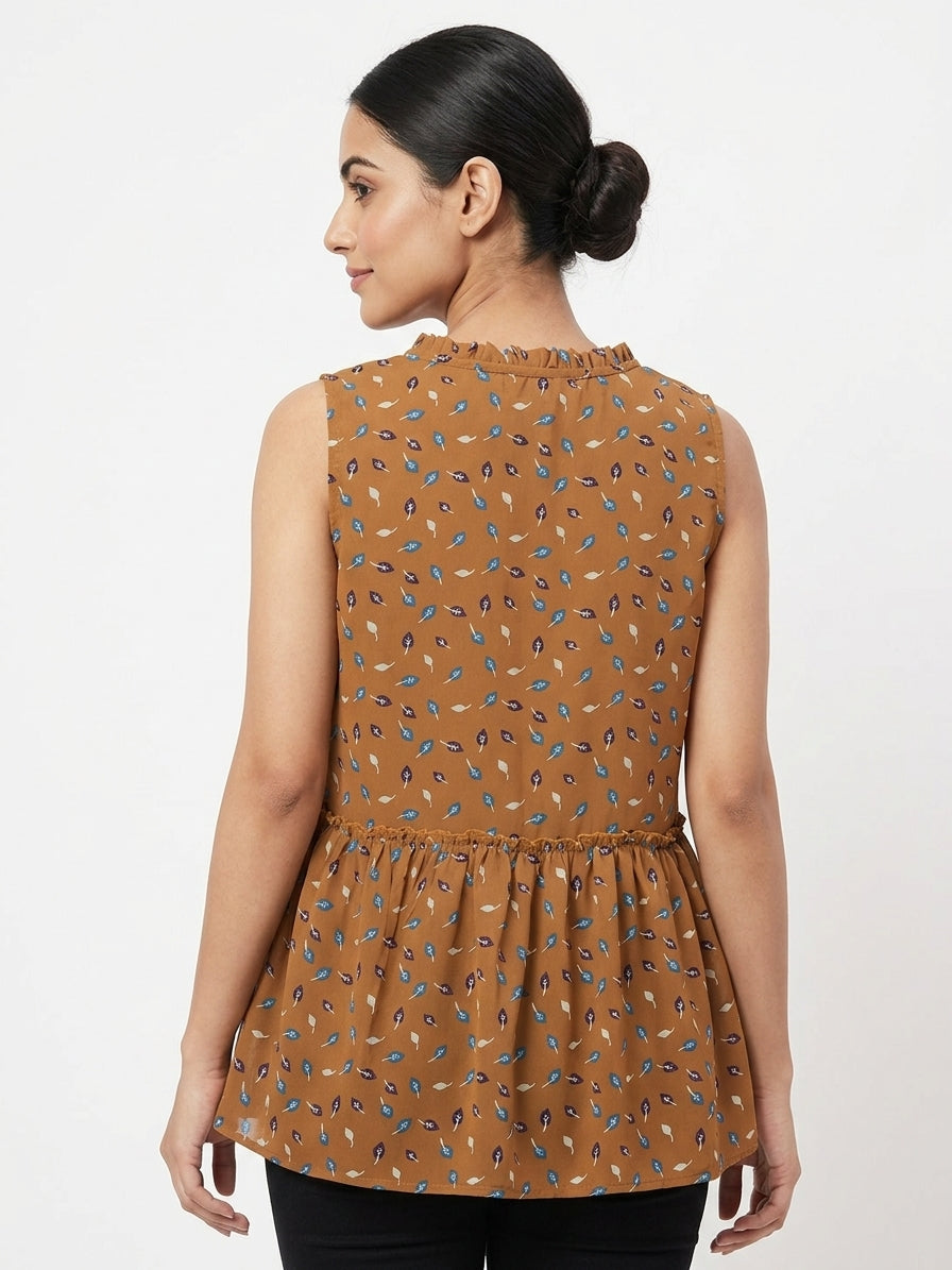 Camel Leaf Print Sleeveless Peplum Top
