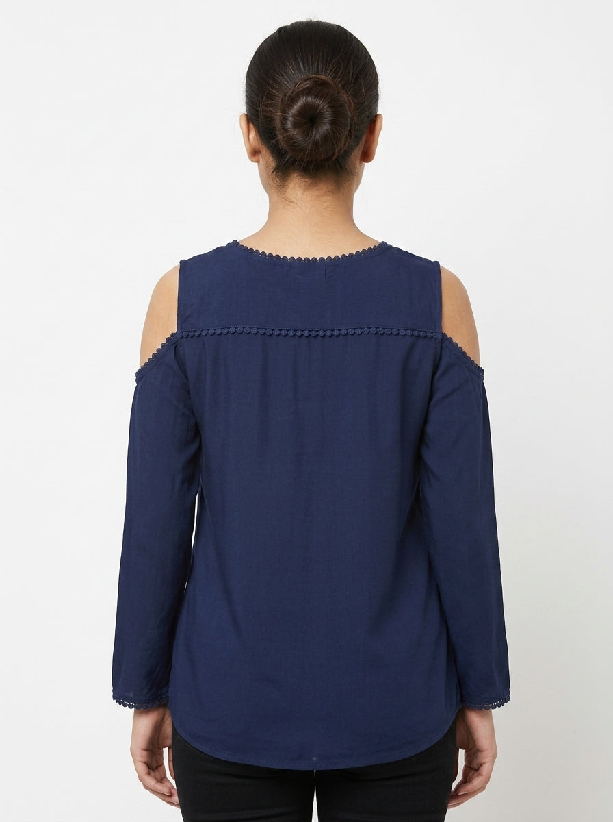 Women's Navy Blue Embellished Cut-Out Shoulder Top