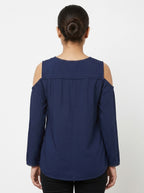 Women's Navy Blue Embellished Cut-Out Shoulder Top