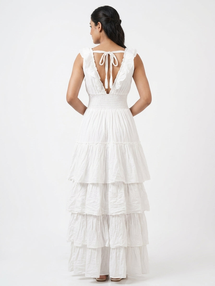 Women's White Ruffled Tiered Flared Maxi Dress