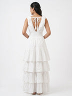 Women's White Ruffled Tiered Flared Maxi Dress
