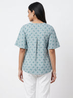 Women's Sea Green Geometric Print Flared Sleeve Top