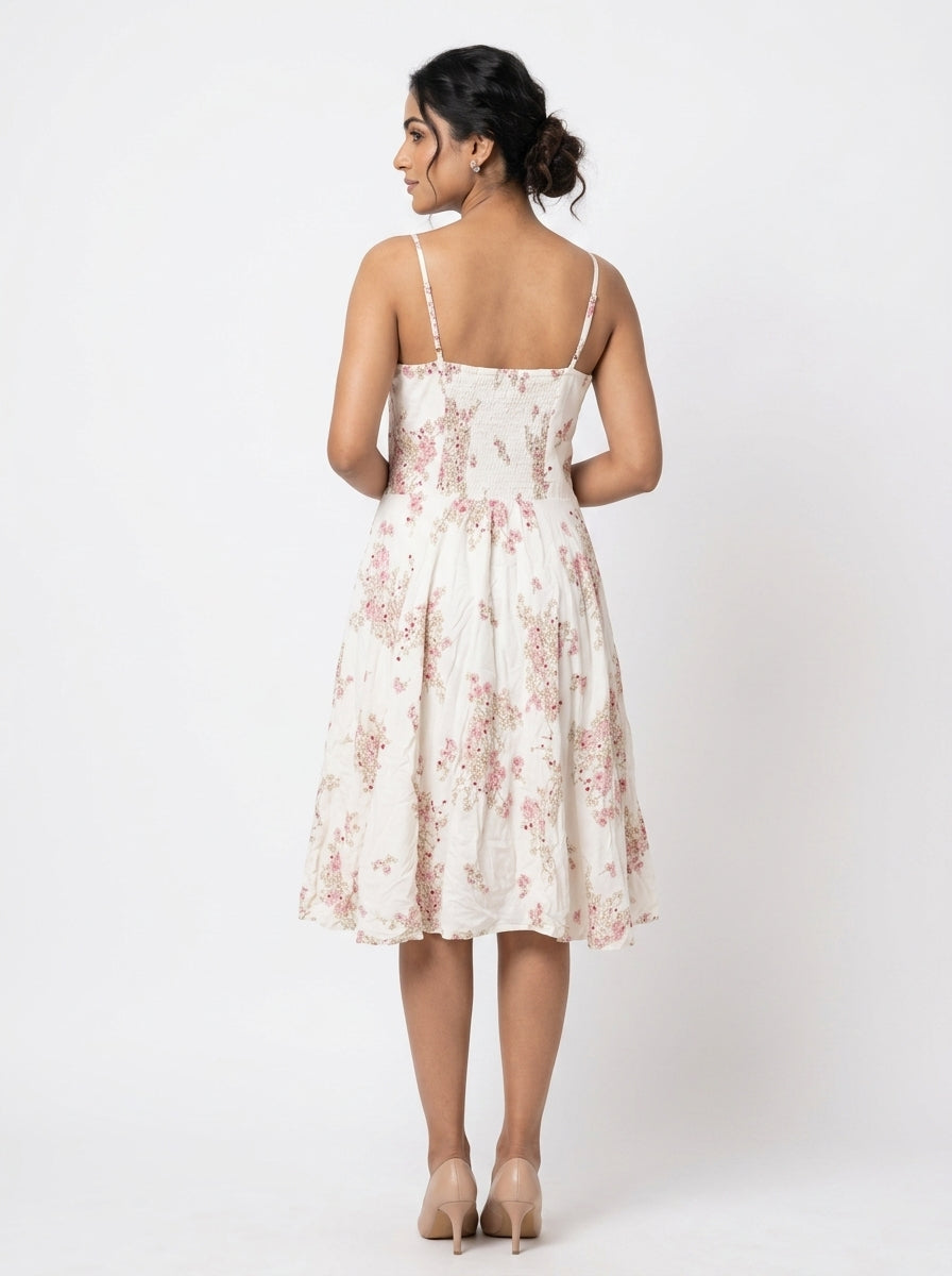 Off White Floral Print Flared Casual Dress