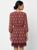 Women's Wine Ethnic Print Relaxed Fit Dress