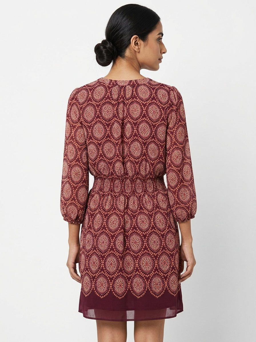 Women's Wine Ethnic Print Relaxed Fit Dress