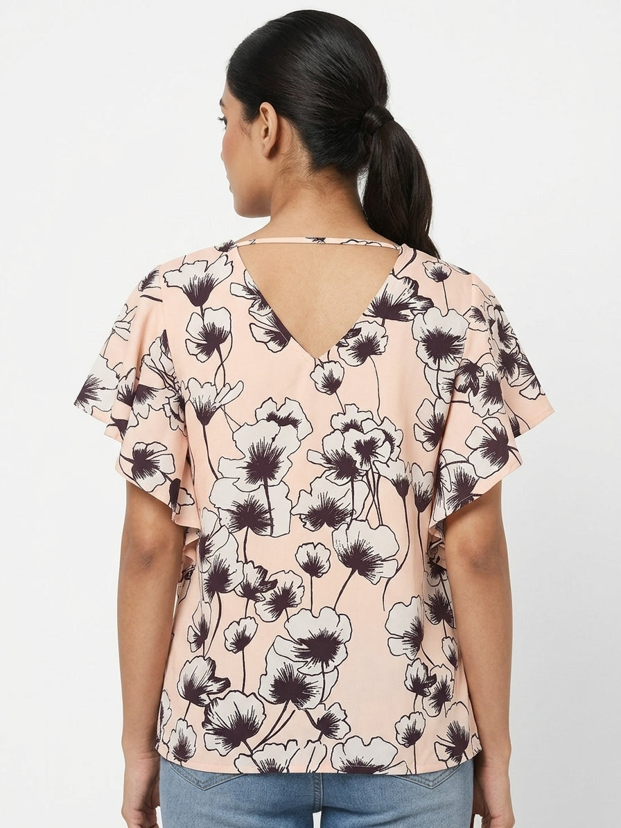 Peach Floral Printed Round Neck Flutter Sleeve Top