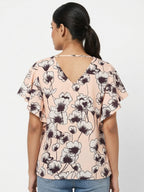 Peach Floral Printed Round Neck Flutter Sleeve Top