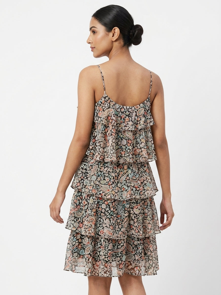 Multi-Color Printed Tiered Strappy Dress