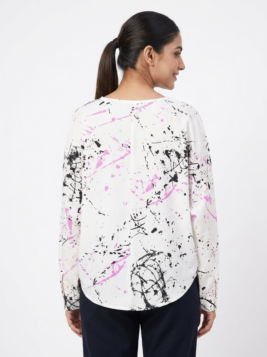 White Abstract Print Relaxed Fit Top