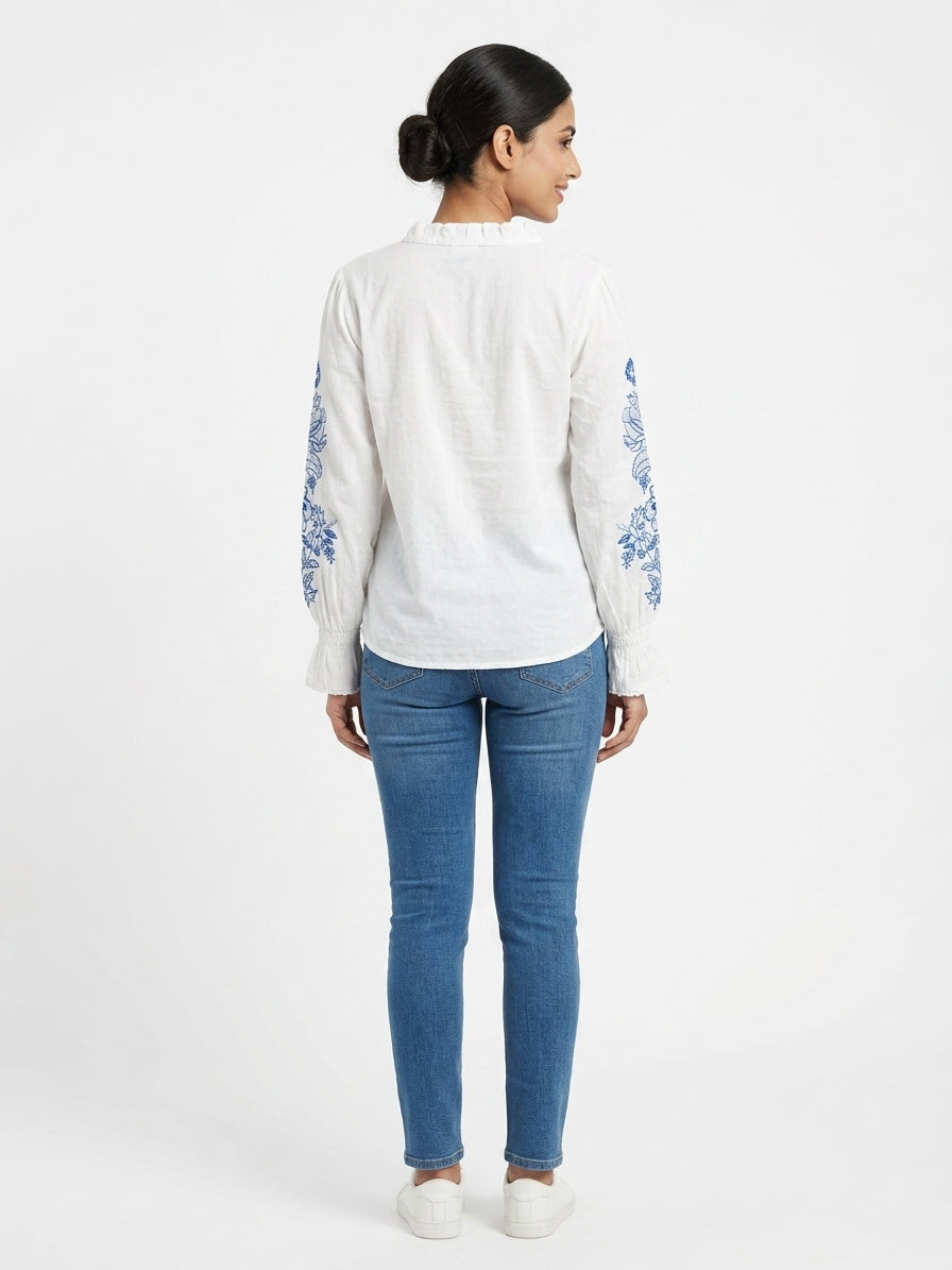 White Floral Embroidered Long Sleeve Top