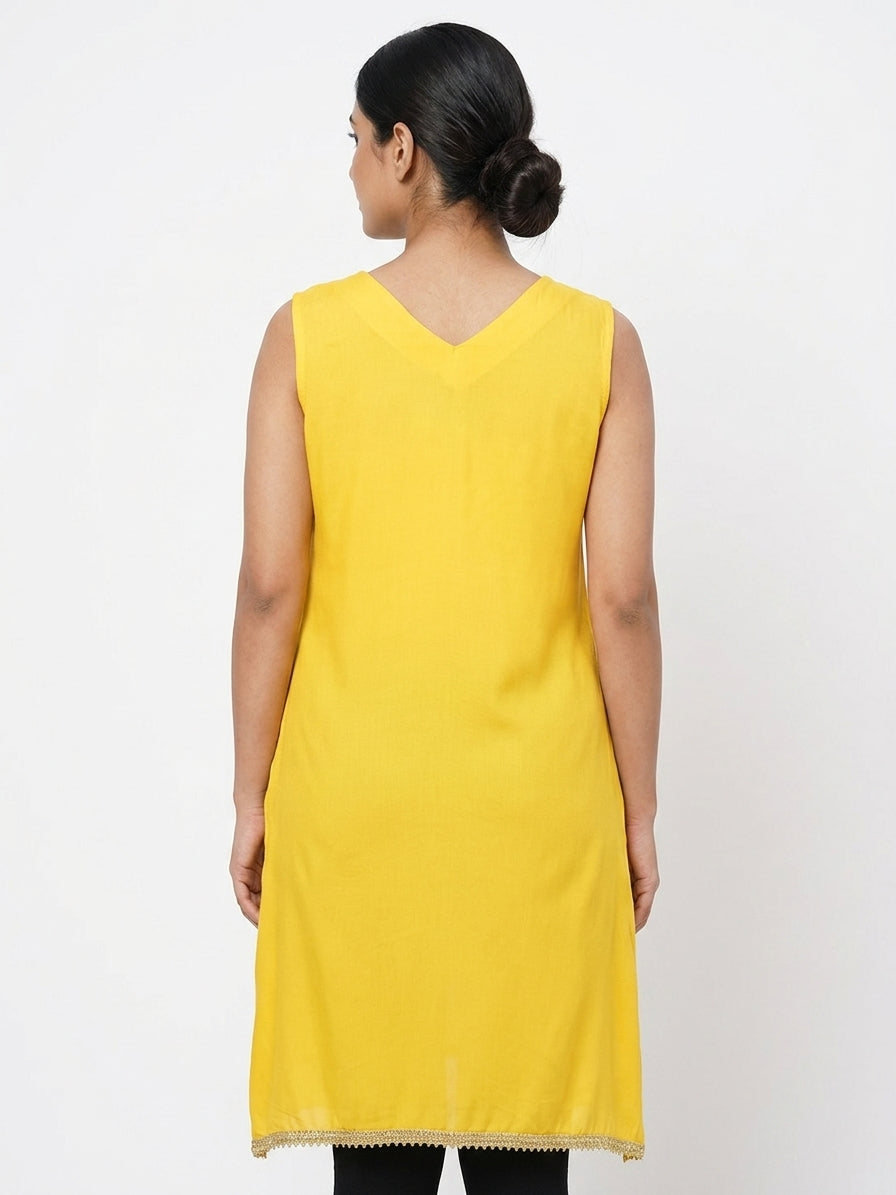 Yellow Embellished Sleeveless Kurti
