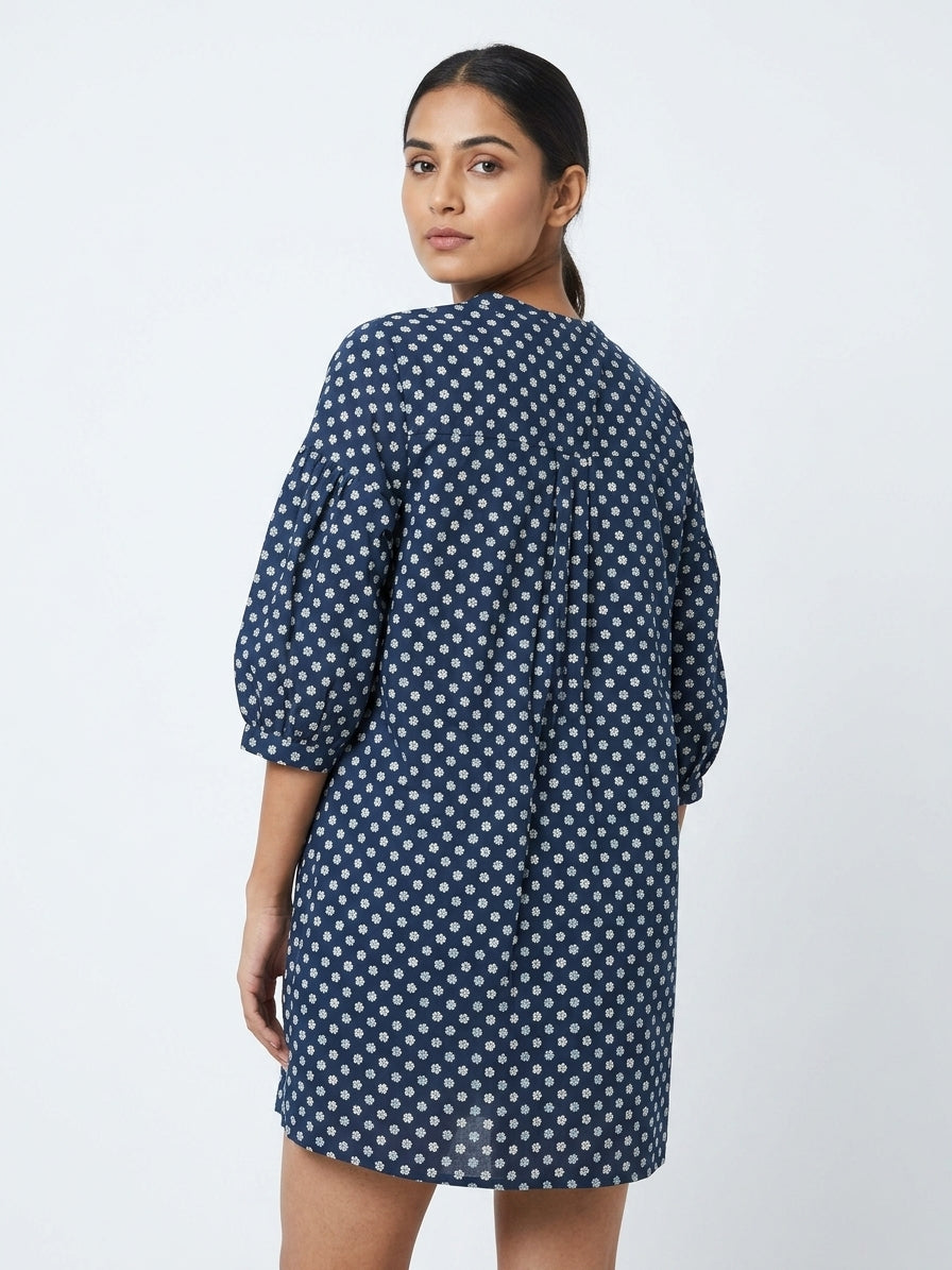 Women's Dark Blue Floral Printed Relaxed Fit Tunic Top