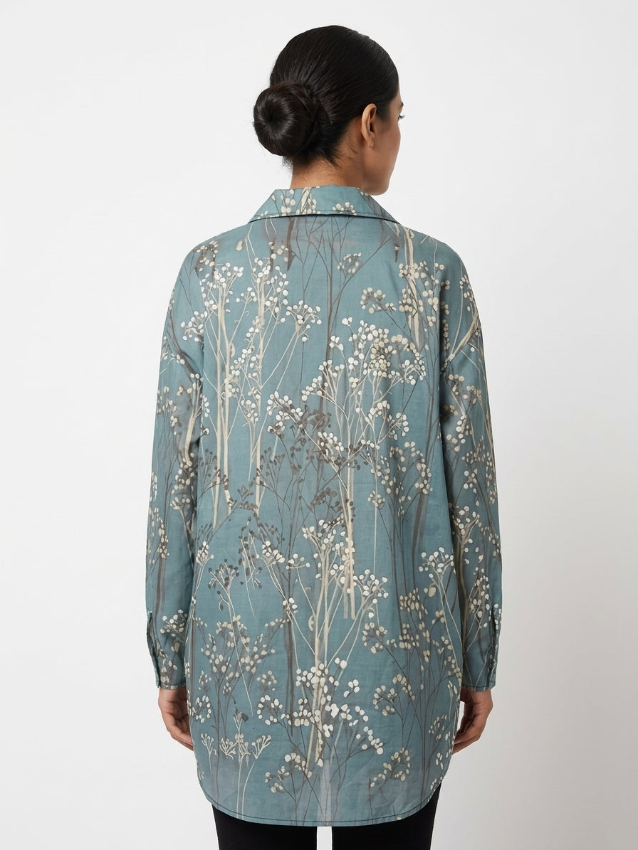 Grey Botanical Print Oversized Casual Shirt