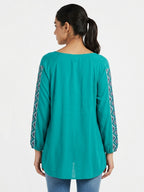 Women's Teal Ethnic Print Relaxed Fit Top with Tassels