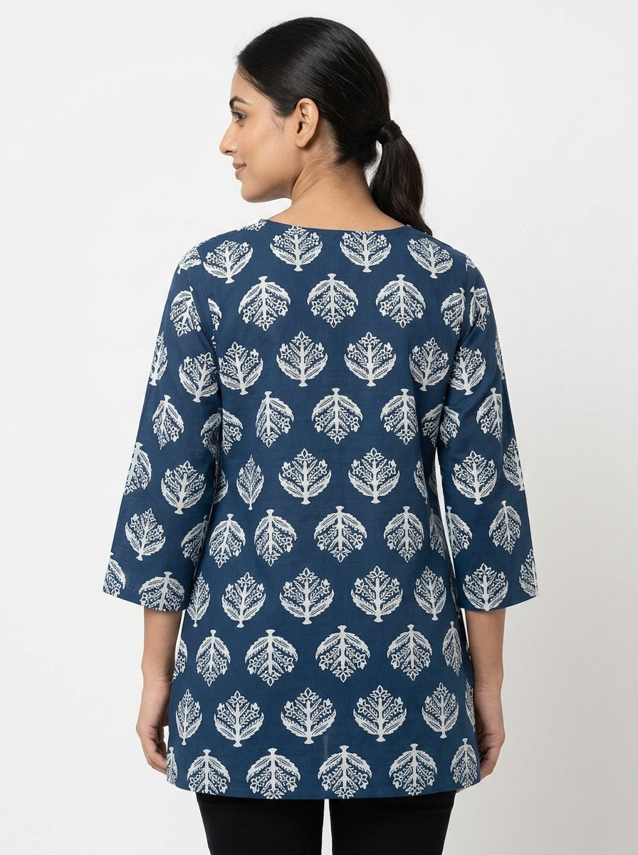 Women's Navy Blue Printed Cotton Kurti